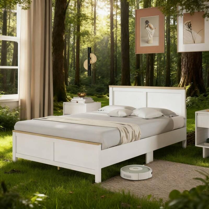 Modern White Full Bed Frame with Headboard, Minimalist Design, 660 lbs Capacity