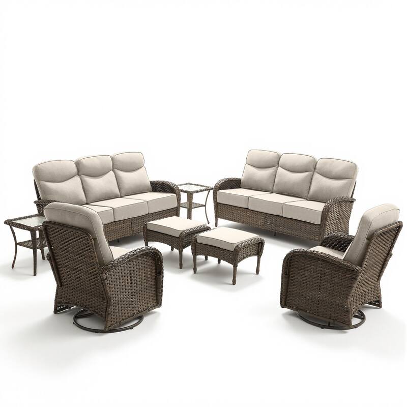 Pocassy Outdoor Wicker Patio Sofa with Swivel Chair Ottoman Sets