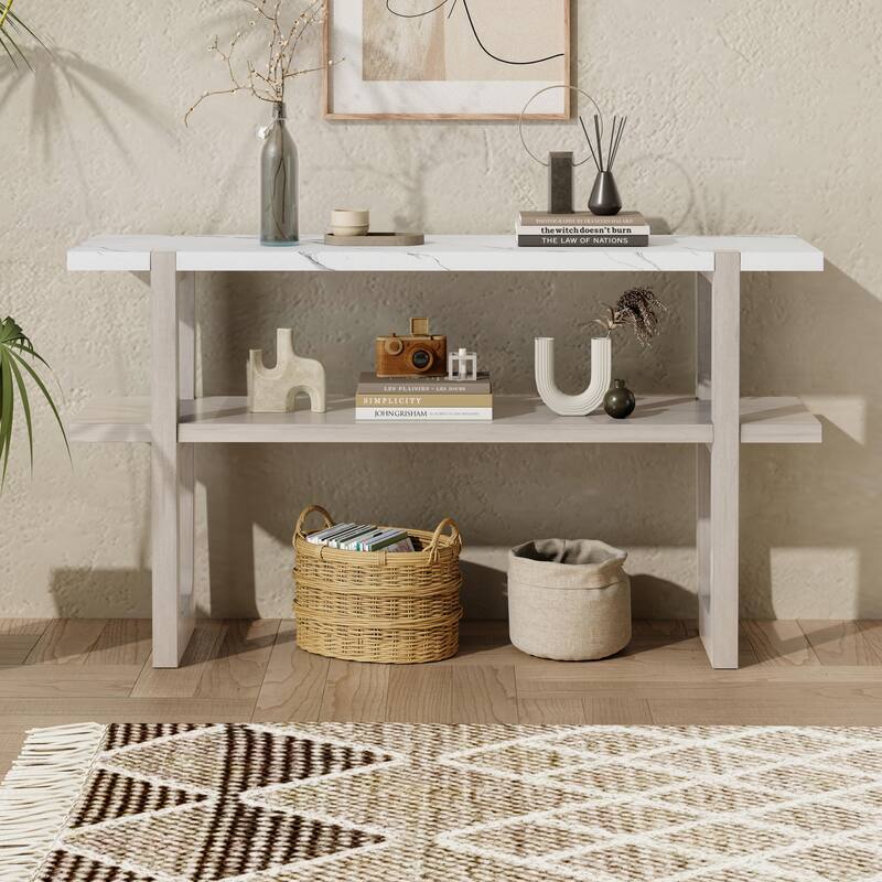 Elegant Console Table with Marble-Effect Top and Versatile Storage Solutions for Entryway and Living Room