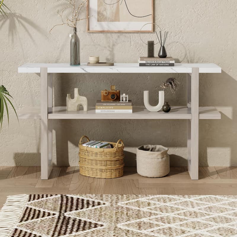 Homy Casa Narrow Console Table Marble-Effect Top and Open Shelf