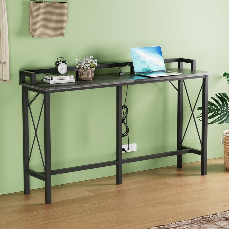 Javlergo Extra Long Console/Sofa Table with Charging Station&Power Outlet, Charcoal Grey