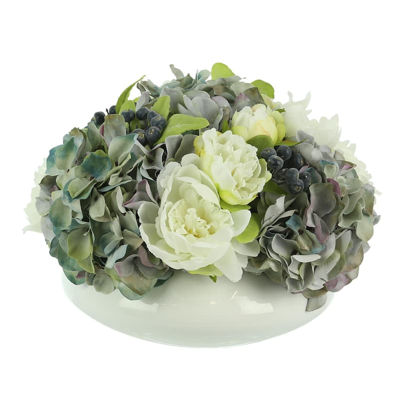 Hydrangeas, Peony and Blueberry in a Round Pot - White, Blue