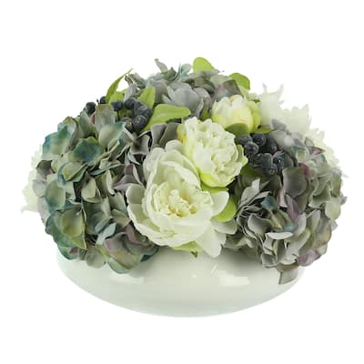 Hydrangeas, Peony and Blueberry in a Round Pot - White, Blue