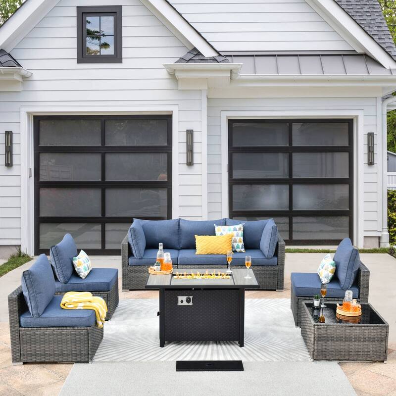 XIZZI 8-piece Patio Wicker Furniture Sectional Set with Firepit - Denim Blue