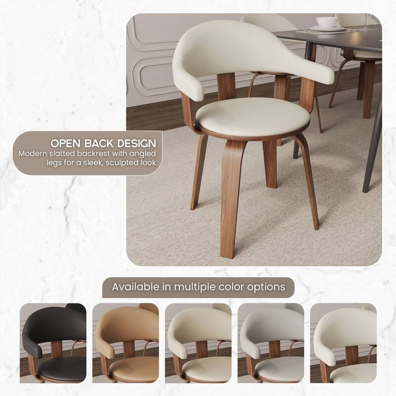 Leather Dining Chair in Solid Wood Accent Arm Chair Open Curved Back Design