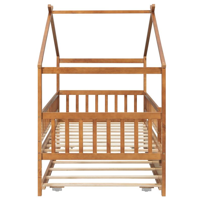 Twin Size Wooden House Bed with Twin Size Trundle