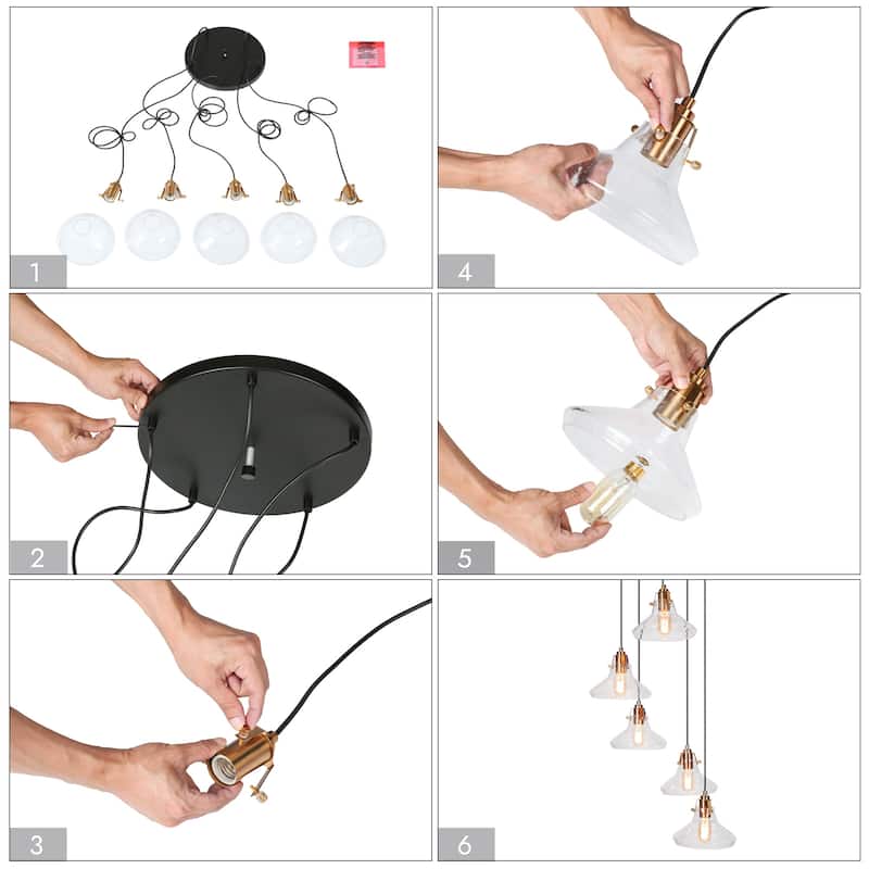 Farmhouse 5-Light Cluster Entryway Glass Adjustable Wire Pendant for Coastal Bathroom - 19.7"W x 19.7"D x 37" - 68"H