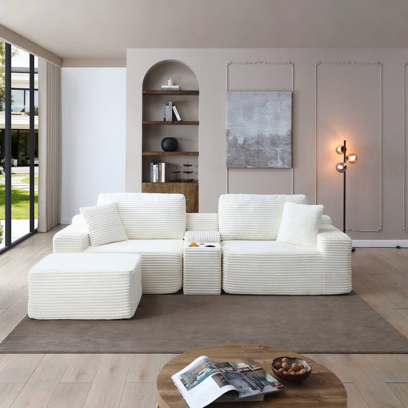 Modular Sectional Sofa, Deep Seat Corduroy Cloud Couch with Cup Holders, USB Ports & Storage Box