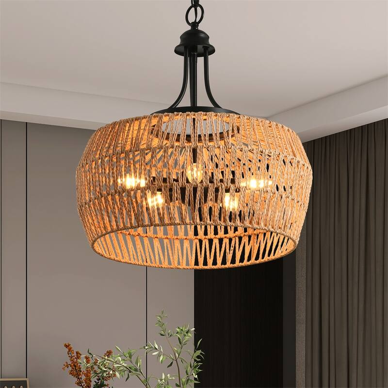 19" Boho Hemp Rope Pendant Light with Adjustable Chain,No Bulbs