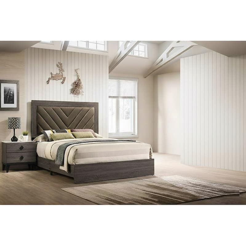 Contemporary Style 3pc Bed 2x Nightstand Set Diamond Knob Handles Padded headboard Gray Finish Bedroom Furniture