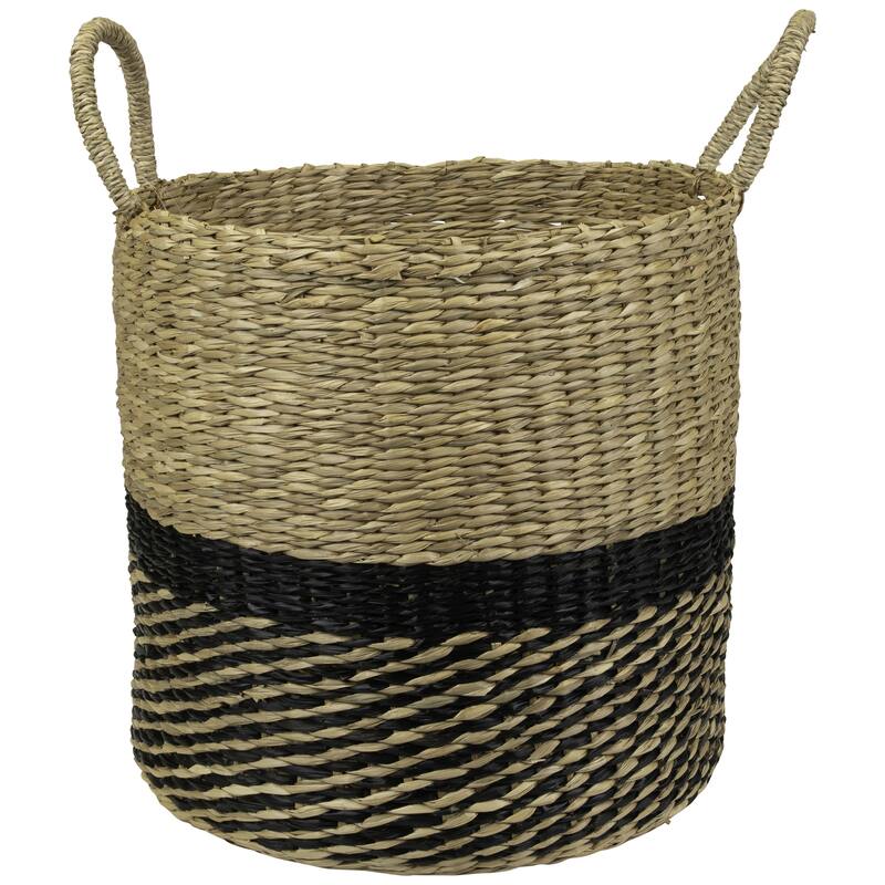 Set of 3 Black Beige Woven Table Floor Cylindrical Seagrass Baskets