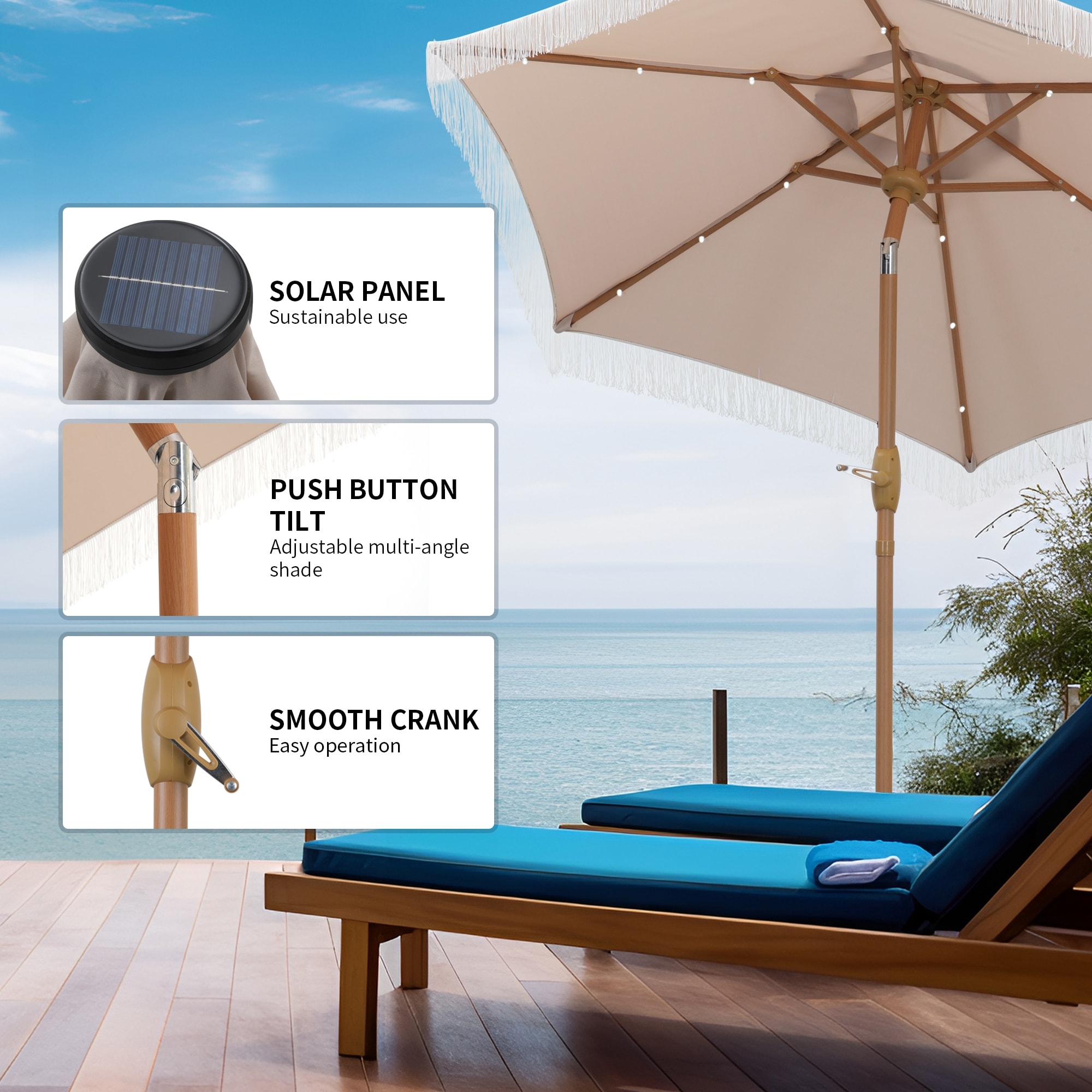 7.5 ft offset patio umbrella Velop Square Wooden Pulley Market button System Outdoor Patio Umbrella Replacement Canopy