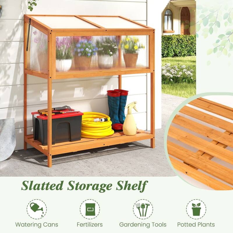 Gymax Wood Cold Frame Greenhouse w/Transparent Openable Roof & Slatted