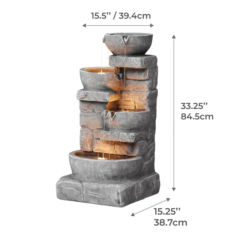 Teamson Home 3-Tier Stacked Stone Outdoor Water Fountain with LED Lights