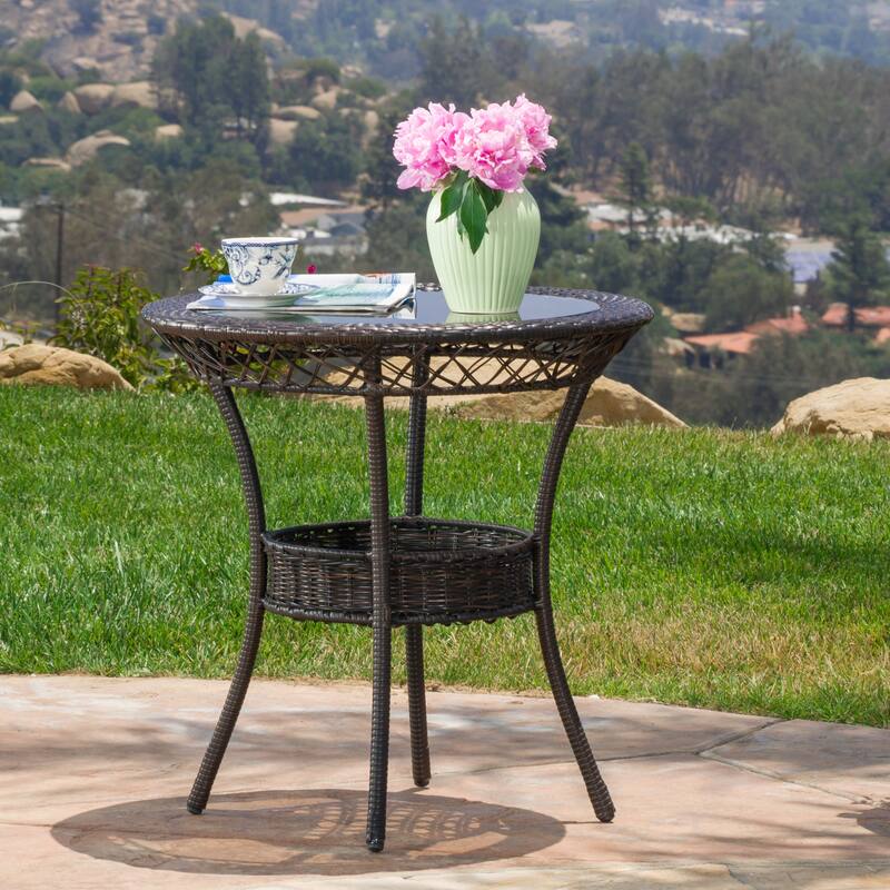 Outdoor End Table Rattan Bistro Table,tempered Glass Top Round End Table for Outside Balcony Porch Backyard Deck