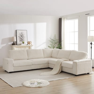Corduroy Upholstered Deep Seat Corner Couch L-shaped Sectional Sofa with Storage Armrests, USB Port, Type-C Port and Cup Holders