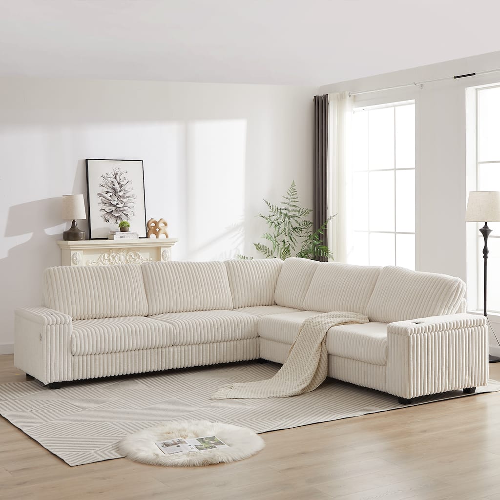 Corduroy Upholstered Deep Seat Corner Couch L-shaped Sectional Sofa with Storage Armrests, USB Port, Type-C Port and Cup Holders