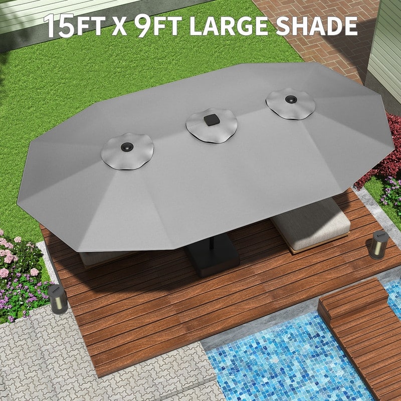 15ft Large Patio Umbrella with Base, Outdoor Double-Sided Market Umbrella with Crank Handle
