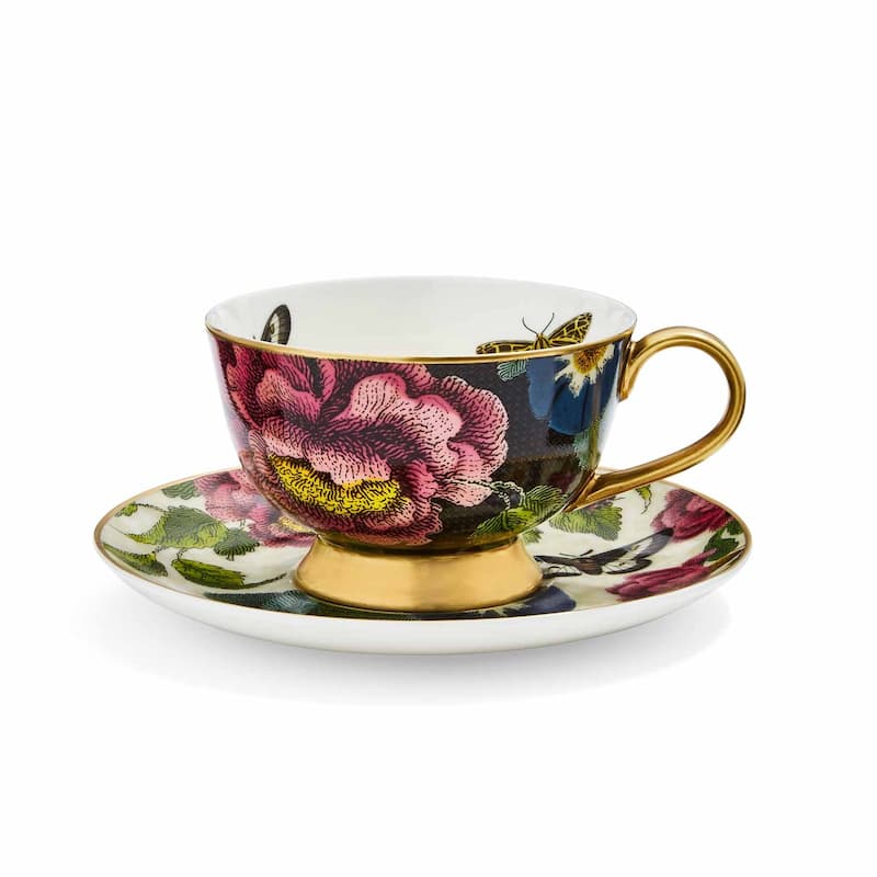 Spode Creatures of Curiosity Teacup and Saucer - 6.7 oz. - Dark Floral Design