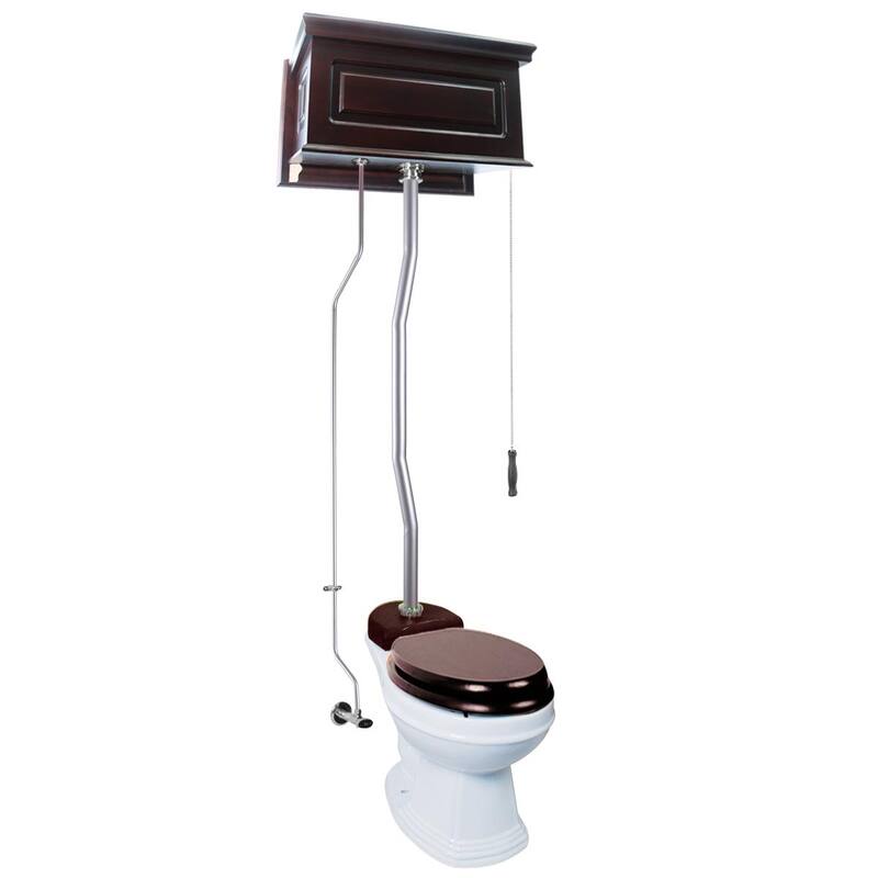 High Tank Toilet - Dark Oak Wooden Raised Tank, Round White Bowl and Satin Plated Z Pipes Renovators Supply