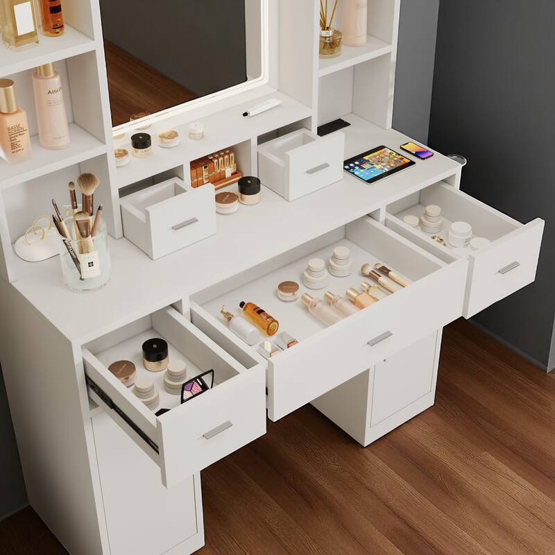 Makeup Vanity Desk with Touch LED Mirror, 5 Drawers, Hidden Shelves & Storage Cabinet for Bedroom