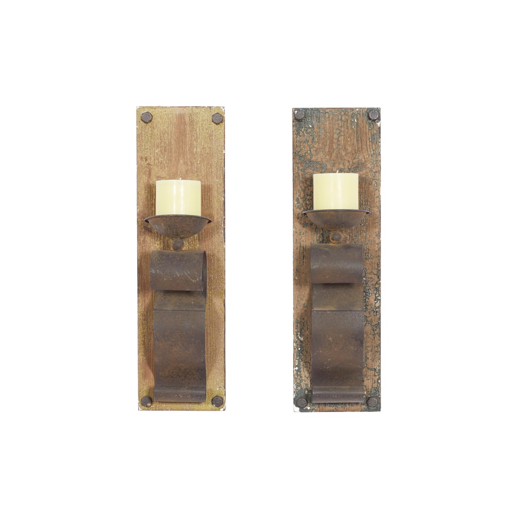 Wood Scroll Distressed Pillar Wall Sconce with Bronze Metal Holders - Set of 2 Brown - Roche River Decor - 4"W x 6"L x 19"H