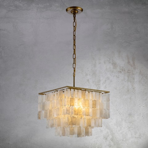 3-Light Coastal Square Soft Gold Chandelier with Rectangle Capiz Shells Accents