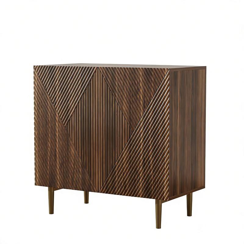 HomeRoots 32" Brown Wood Carved Geometric Sideboard With Two Doors - 31.50 in. x 30.70 in. x 15.75 in.