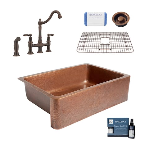 Adams 33" Farmhouse Copper Kitchen Sink with Bridge Faucet and Disposal Drain