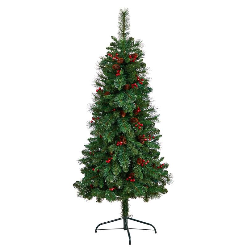 5ft. Flat Back Pine Artificial Christmas Tree with Pinecones, Berries & 110 Warm White Lights - Space-Saving Holiday X-Mas Tree