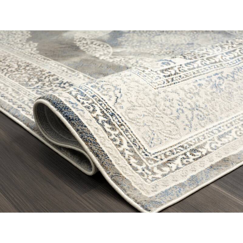 Volos Collection Cream and Medium Grey Medallion Area Rug