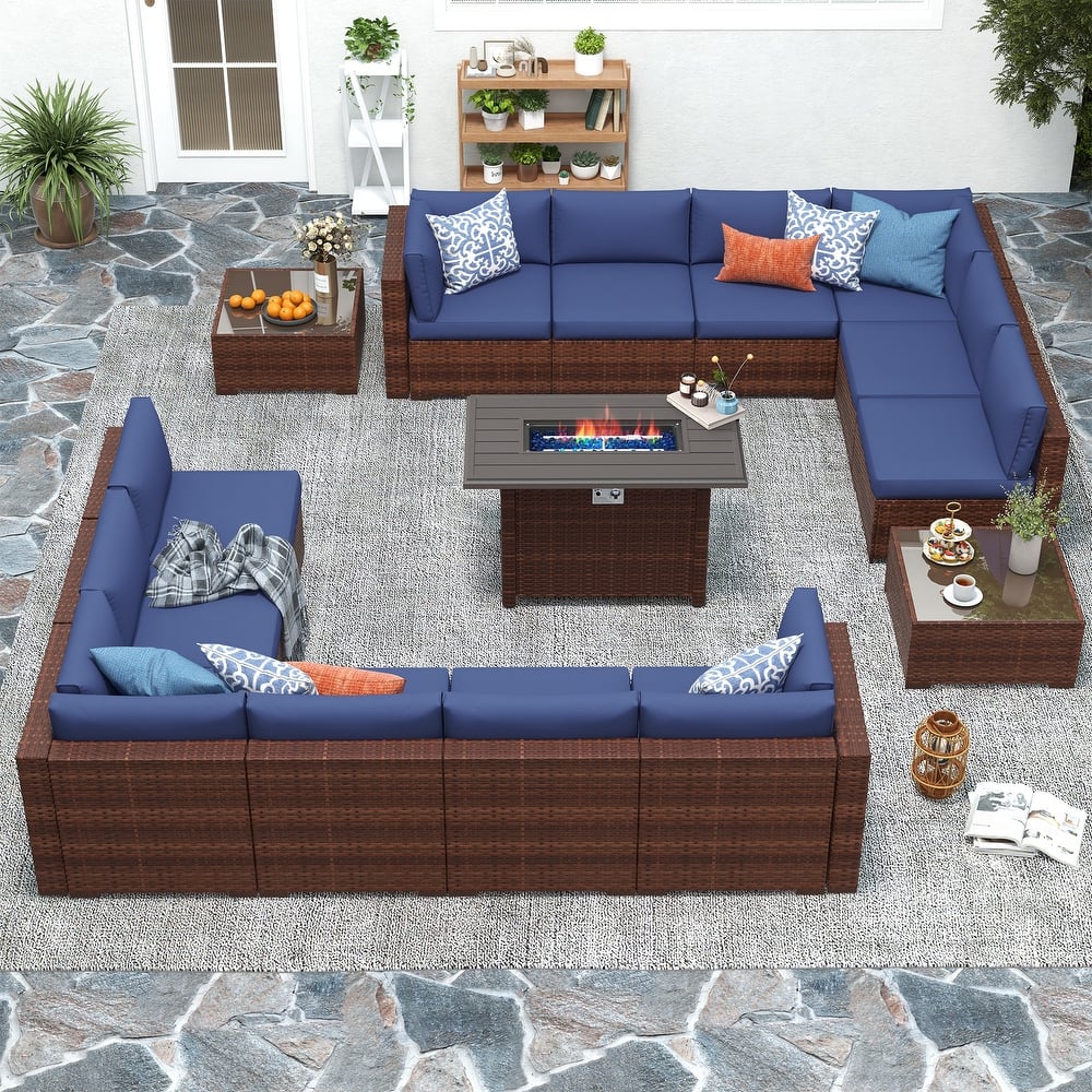 15 Piece Wicker Set Patio Sofa Furniture with Fire Pit And Table