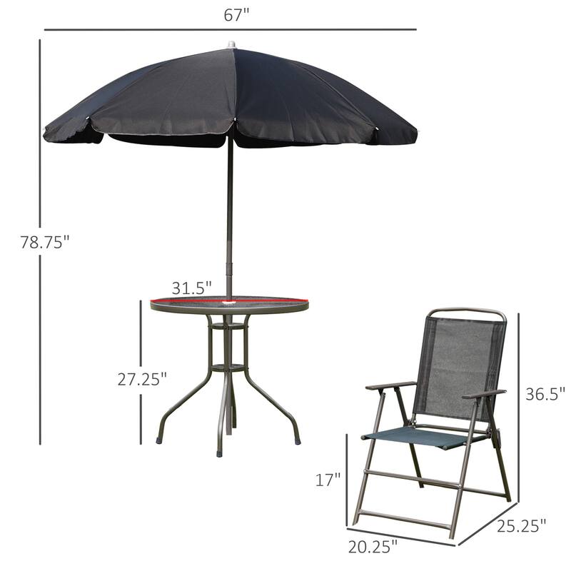 6 Pcs Folding Patio Dining Set, All-Weather Patio Furniture Set with Umbrella, Glass Table and 4 Folding Chairs