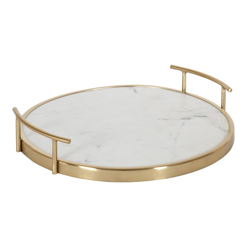 Kate and Laurel Marbury Round Metal Tray - 14" Diameter - White/Gold
