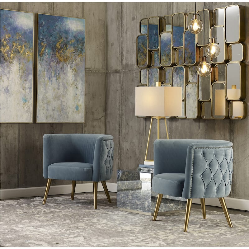 31" Haider Blue Velvet Half Barrel Accent Chair with Brass Dowel Legs