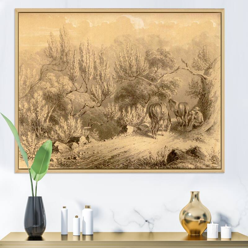 Designart "Vintage Cowboys In The West" Vintage Framed Canvas Wall Art Print - 32 in. wide x 24 in. high - Maple