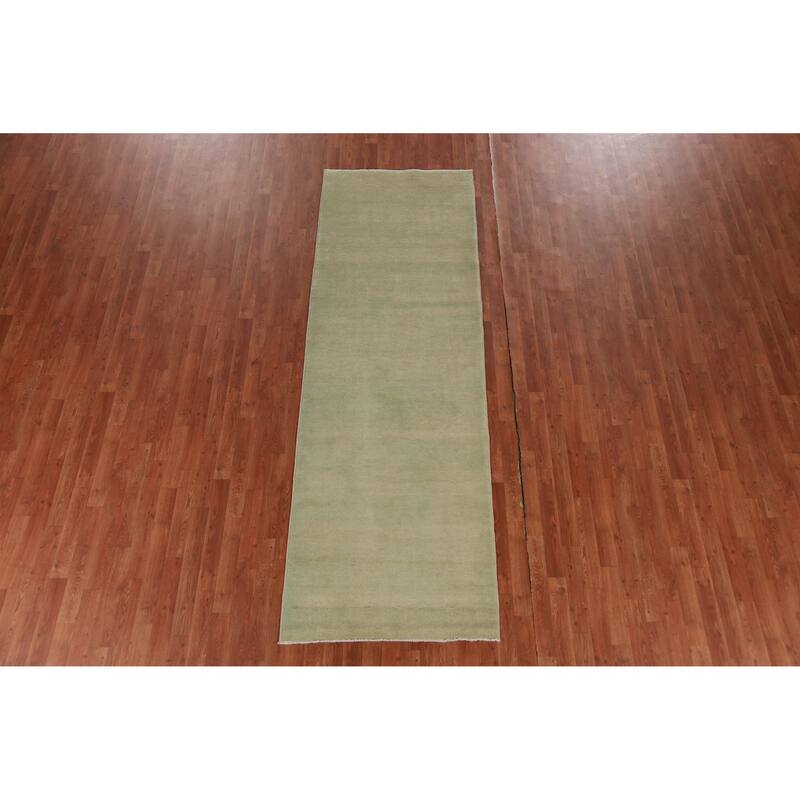 Hand Knotted Oriental 100% Wool Carpet Modern Solid Green Gabbeh Runner Rug - 9' 10'' X 3' 2''