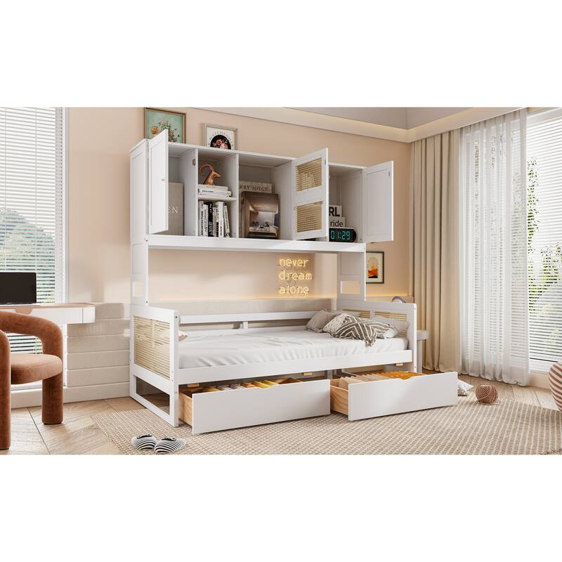 L-Shape Twin Size Daybed with Storage Cabinet and 2 Drawers, Bedroom Storage Bed Frame with Bookshelf, Wood Slats Support