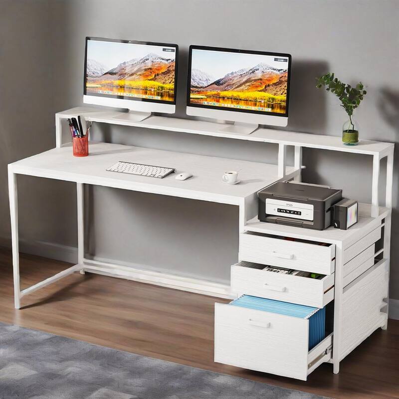 Ergonomic Computer Desk with Elevated Monitor Stand Two Tier Desktop and File Cabinet Sturdy