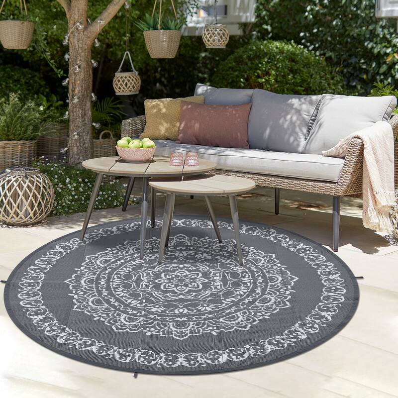 Outdoor Rug Reversible Patio Rug Plastic Straw Rug Waterproof Lightweight Rug - 6' Round - Dark Gray