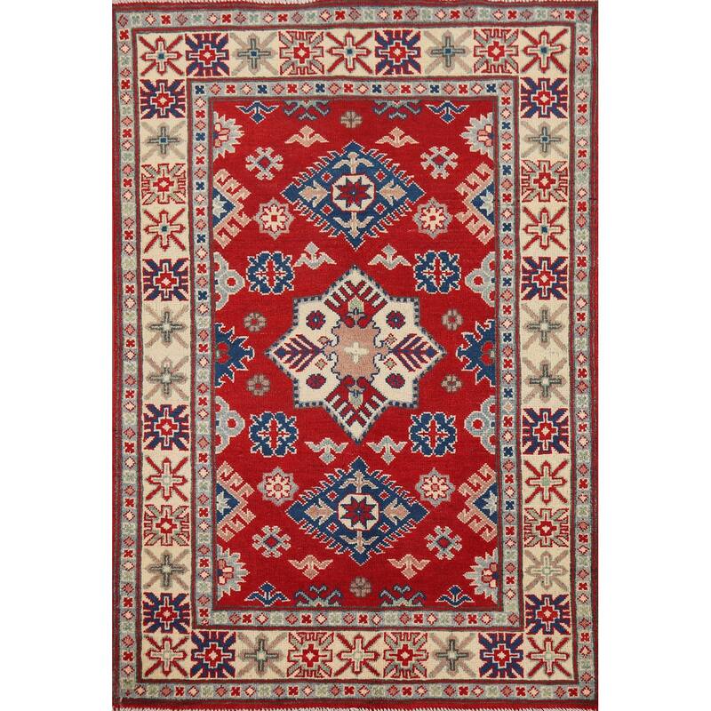 Geometric Red Kazak Accent Rug Handmade Wool Carpet - 3'4" x 5'3"