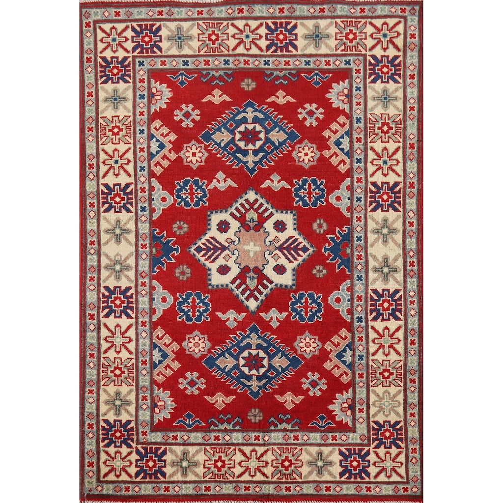 Geometric Red Kazak Accent Rug Handmade Wool Carpet - 3'4" x 5'3"