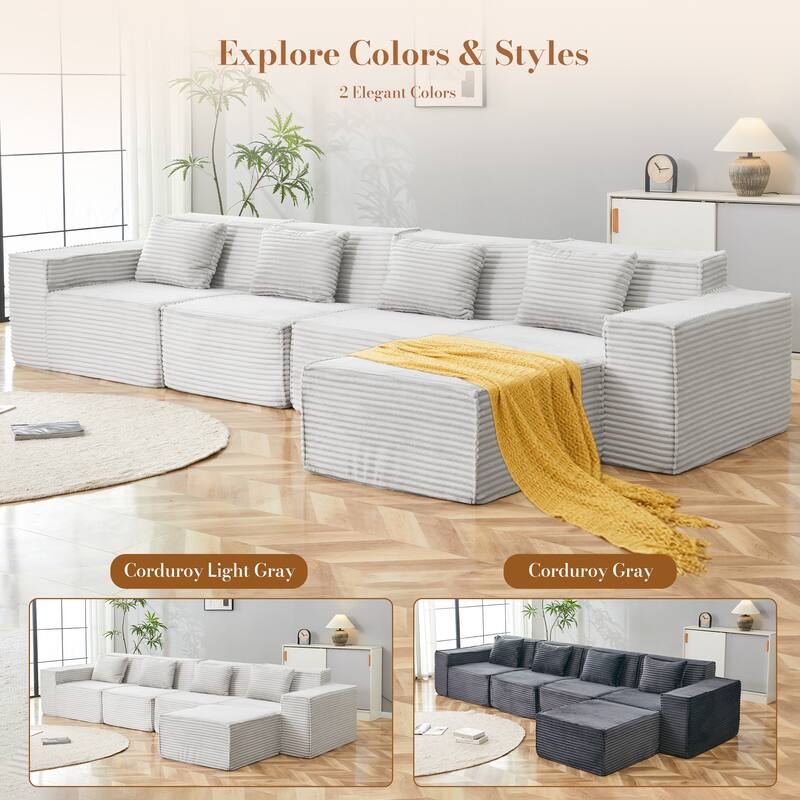 L-Shaped Modular Sectional Sofa with Ottoman, Striped Corduroy Deep Seat Cloud Couch, Large 4-Seat Corner Sofa