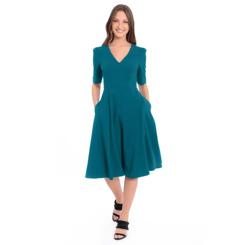 Donna Morgan Stretch Crepe V-Neck Fit and Flare Dress - Teal - 8