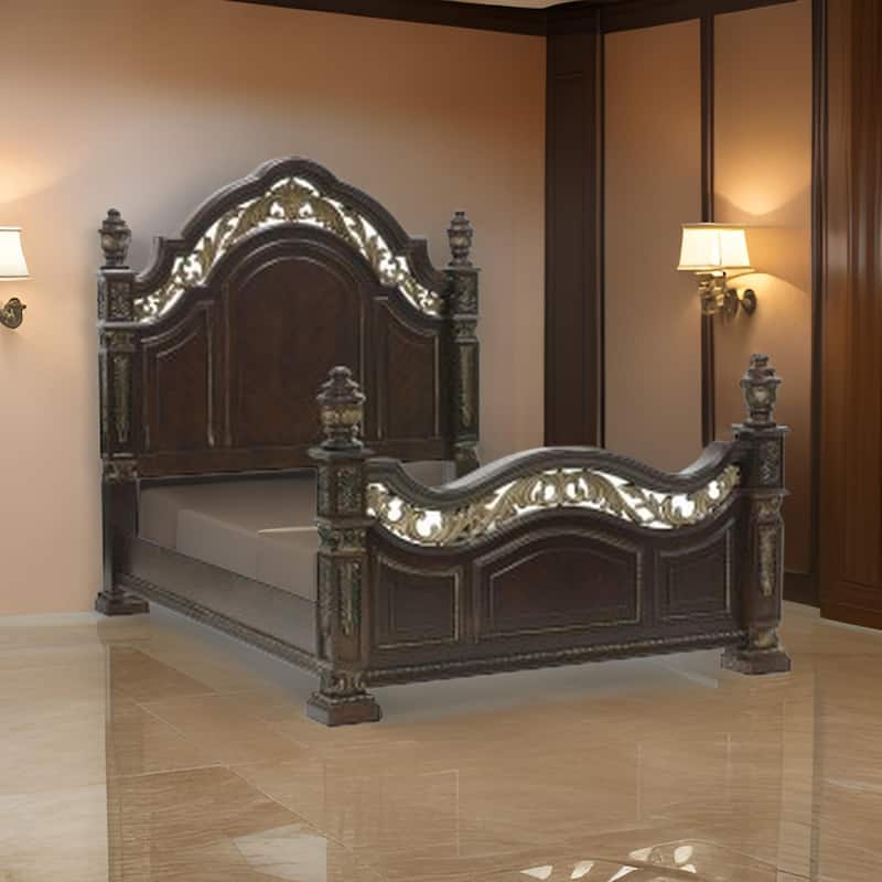 Lumi Queen Bed, Classical Metal Scrollwork, Dark Cherry Brown and Gold