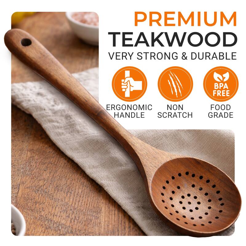 Cheer Collection Teak Wood Strainer Spoon with Drain Holes and Hanging Loop