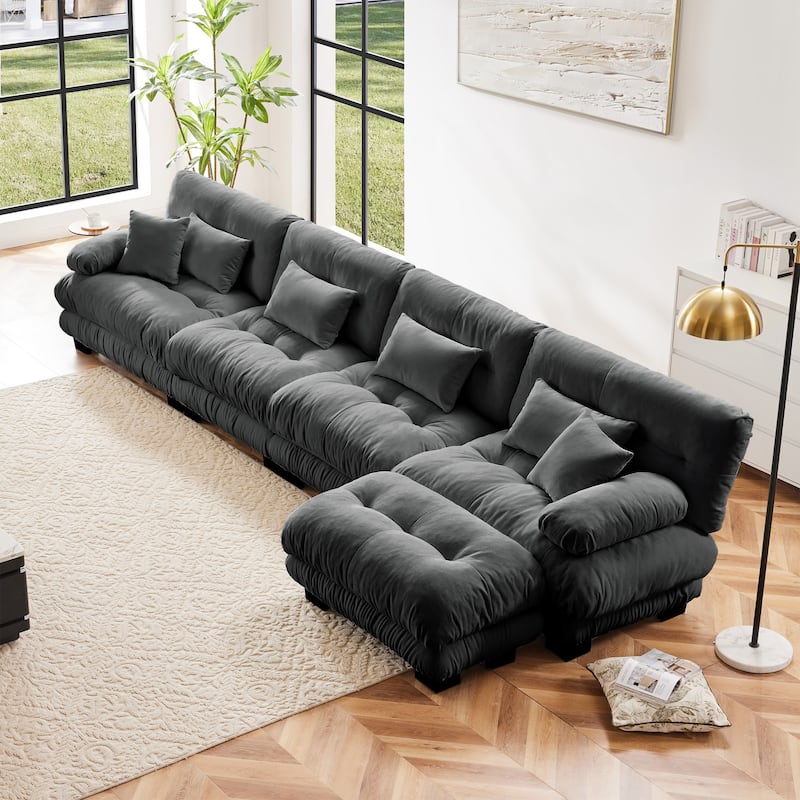 4-Seater L-Shaped Free Combination Modular Sofa with Convertible Ottoman - Grey