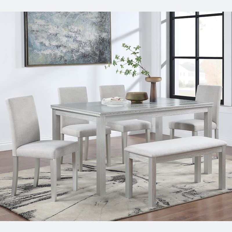 GDFStudio - Elmsley 6-Piece Classic Wooden Dining Table Set with 4 Upholstered Chairs and Bench - Beige+Silver Gray