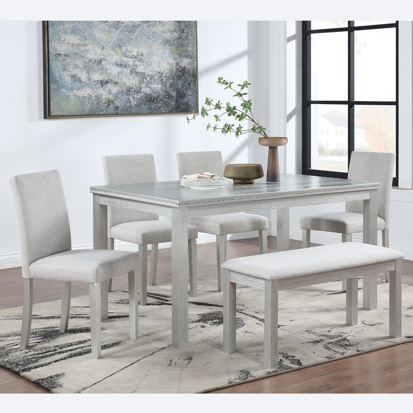 GDFStudio - Elmsley 6-Piece Classic Wooden Dining Table Set with 4 Upholstered Chairs and 1 Bench