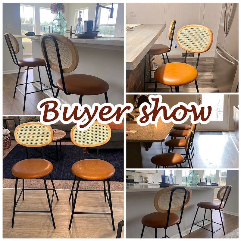 Stools Set of 2, Bar Stools, Indoor Metal Counter Height Barstools, Leather Counter Stool with Rattan Backrest